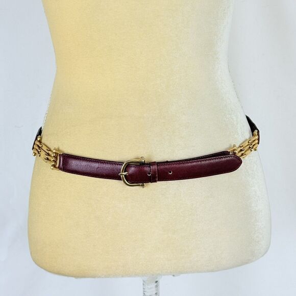 Vintage Celine Burgundy Leather Belt with Equestrian Gold Hardware – Size 85 - Picture 1 of 16
